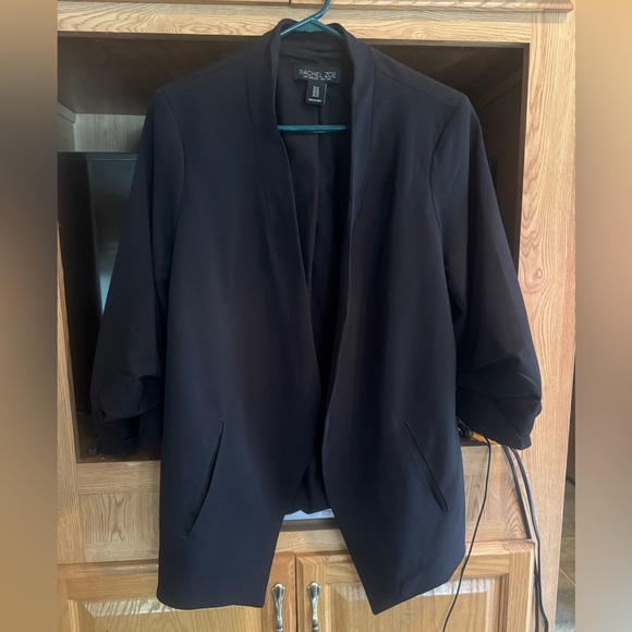 Rachel Zoe Blazer Womens 1X Black Textured Jacket Ruched Sleeves Open Front - Picture 2 of 6